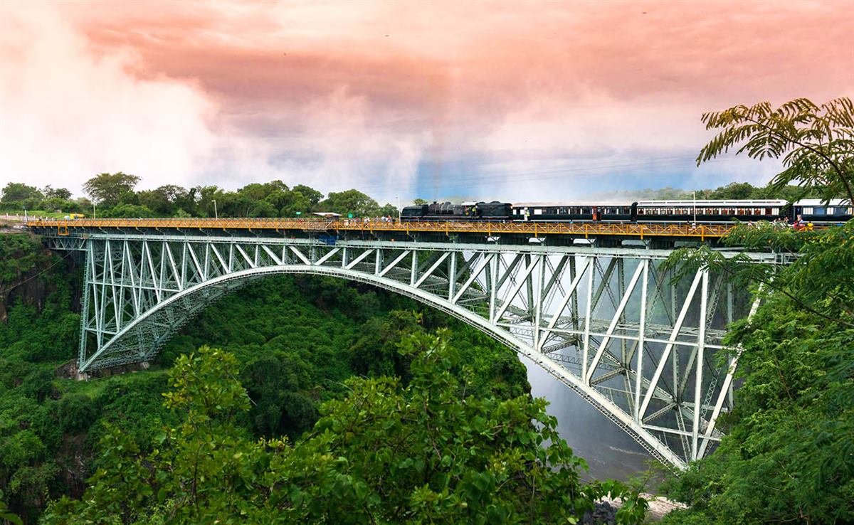 The Livingstone Express dinner train at sunset near Victoria Falls