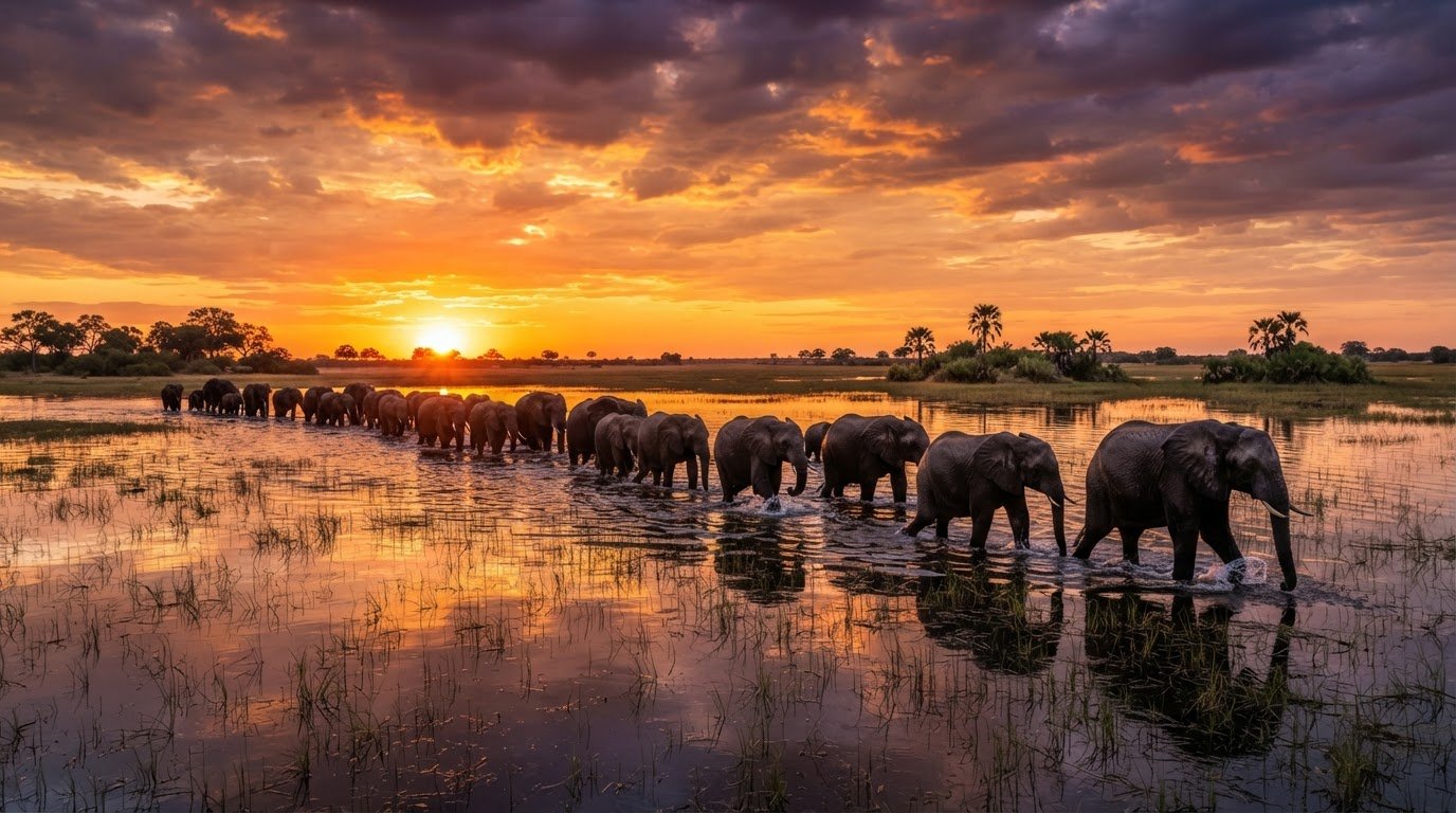 Elephant herd wading across a flooded plain at sunset on a Botswana safari