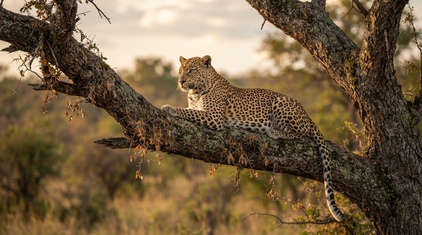 Leopard resting on a tree branch on a South Africa safari