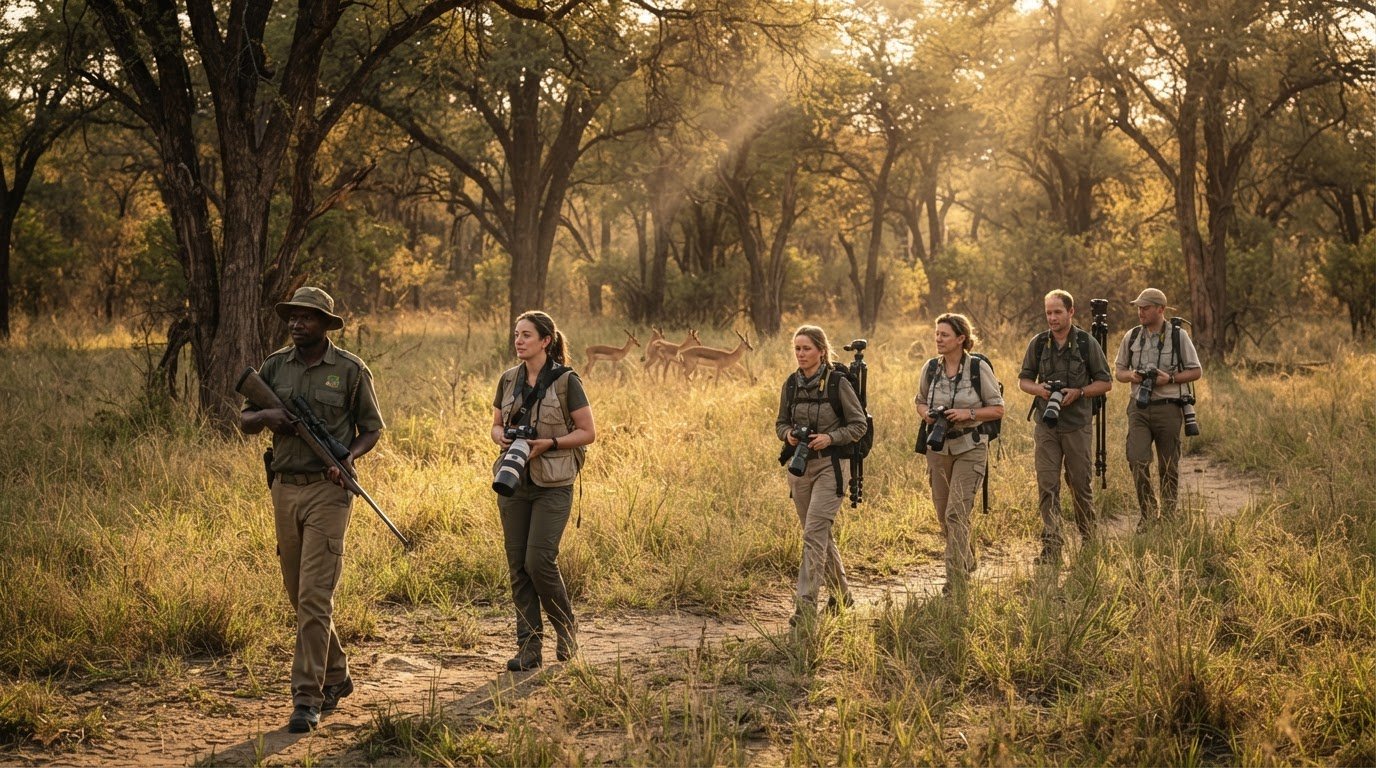 Guided walking safari group passing impala in the bush in Zambia
