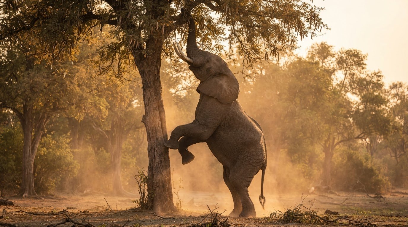 Elephant standing on its hind legs to feed from a tree on a Zimbabwe safari