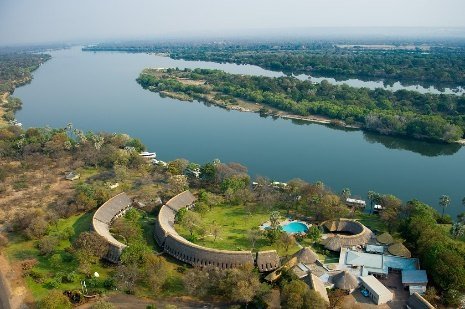 Aerial view of A'Zambezi River Lodge on the Zambezi River