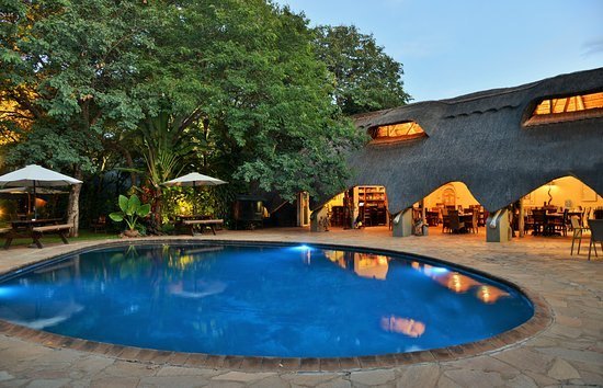 Teardrop swimming pool and thatched boma at Bayete Guest Lodge