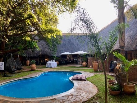 Swimming pool and thatched lodge at Nguni Guest Lodge, Victoria Falls