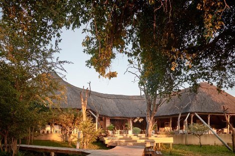 Thatched main lodge at Victoria Falls River Lodge