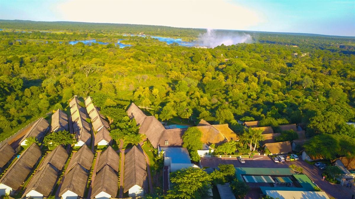 Explorers Village chalets and grounds in Victoria Falls from the air