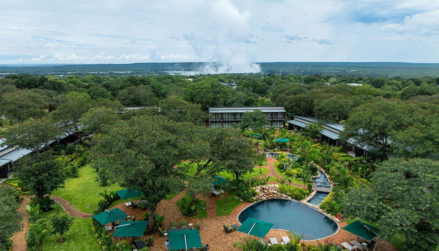 Aerial view of Waterfalls Lodge and its pool in Victoria Falls