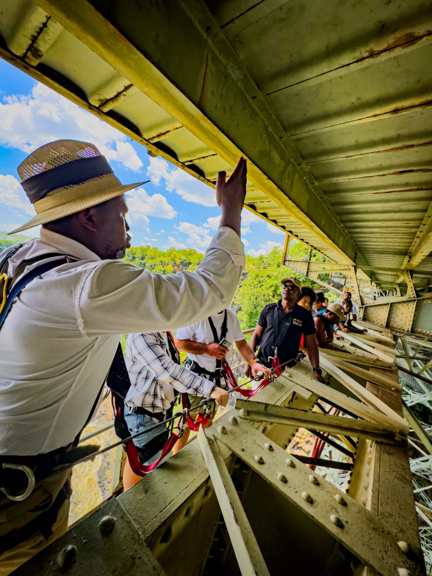 A guide pointing out the gorge from under the bridge structure