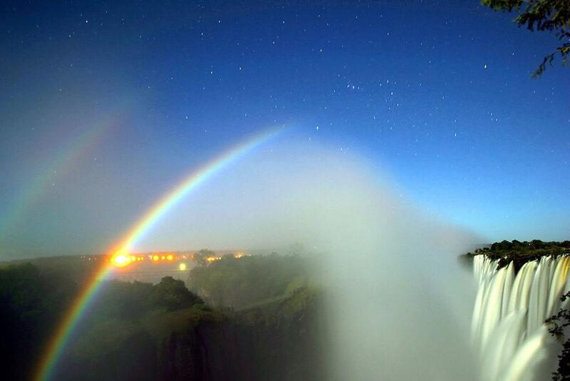 A moonbow over the Zambezi gorge on a full moon night