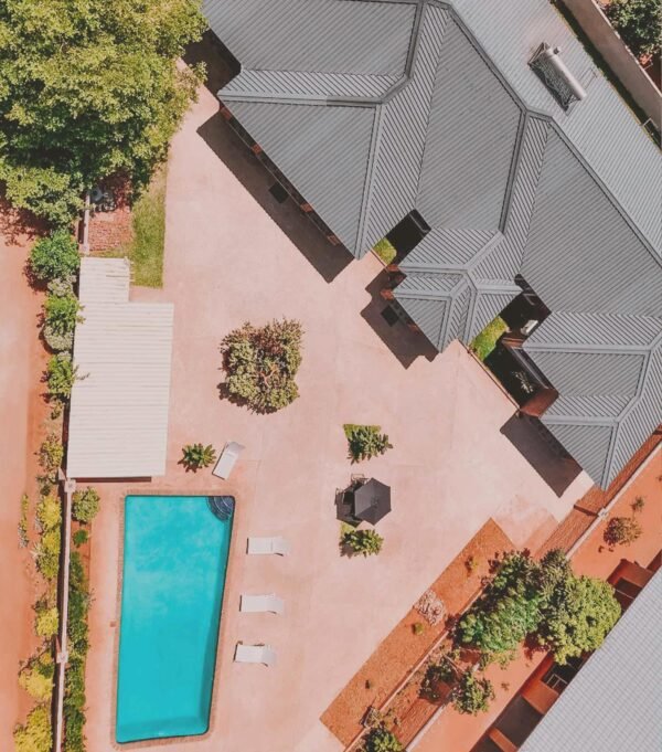 Dade House pool and paved garden from above